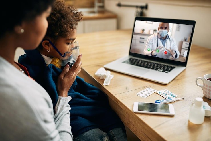black-pediatrician-talking-via-video-call-mother-who-is-giving-her-daughter-inhaling-therapy-home_637285-11483